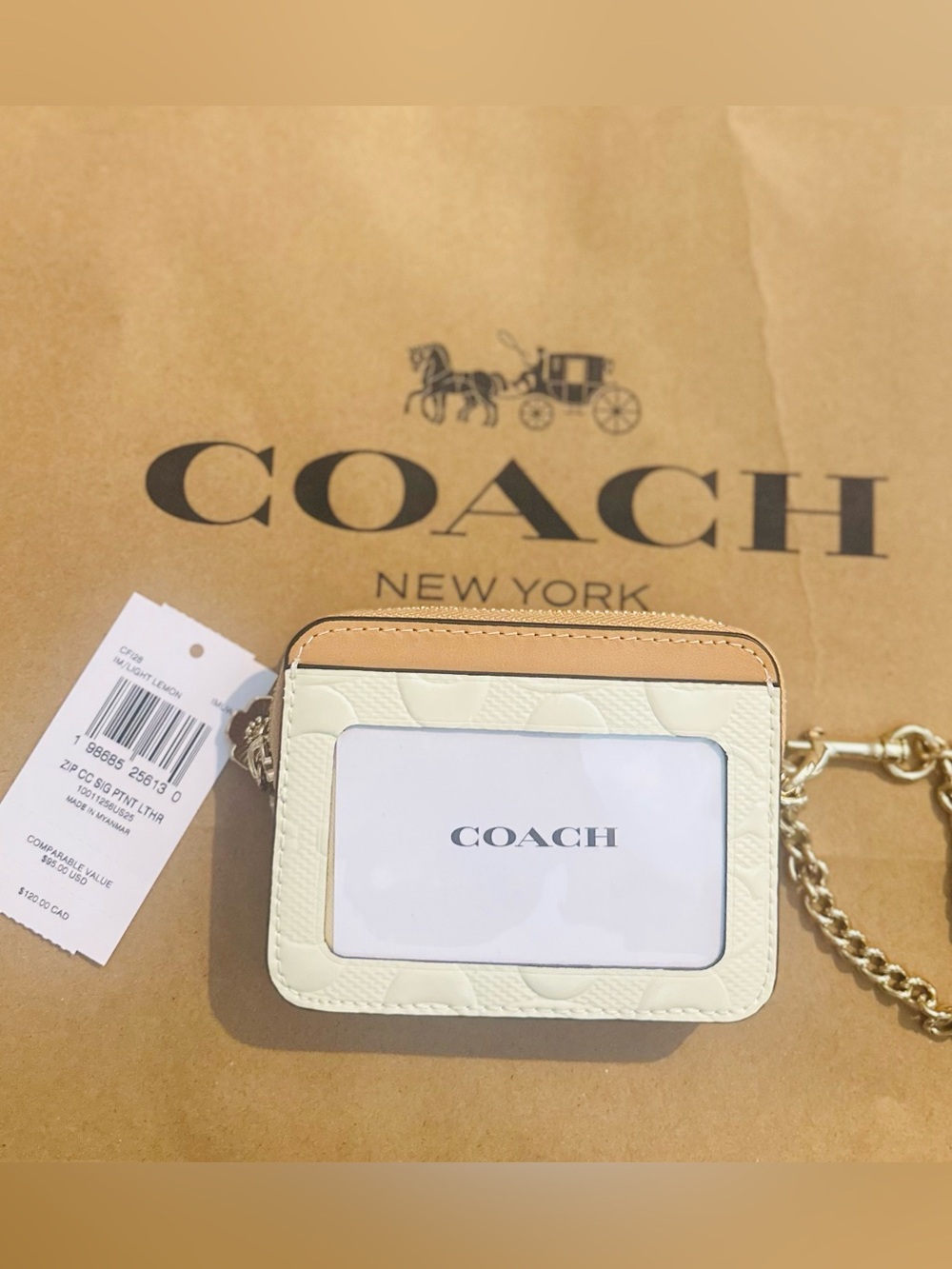 Coach Cream  and Tan Card Case with Gold Chain
